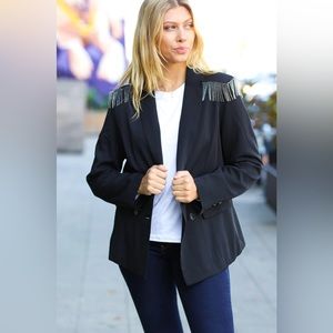 Holiday Ready Black Shoulder Tassel Fringe Blazer